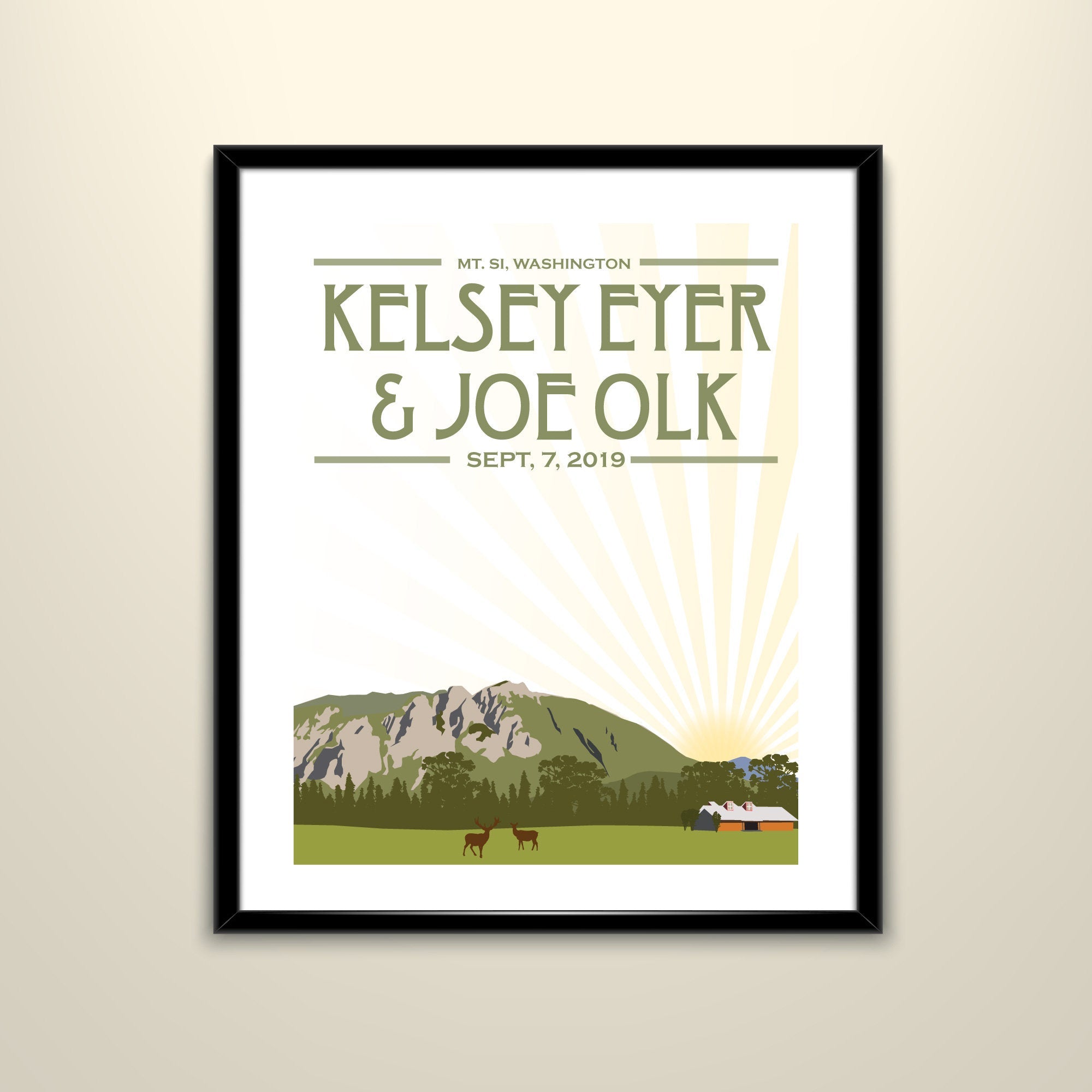 Mt. Si Washington Vintage Travel Poster - 11x14 Paper Poster - Wedding Poster personalized with Names and date (frame not included)