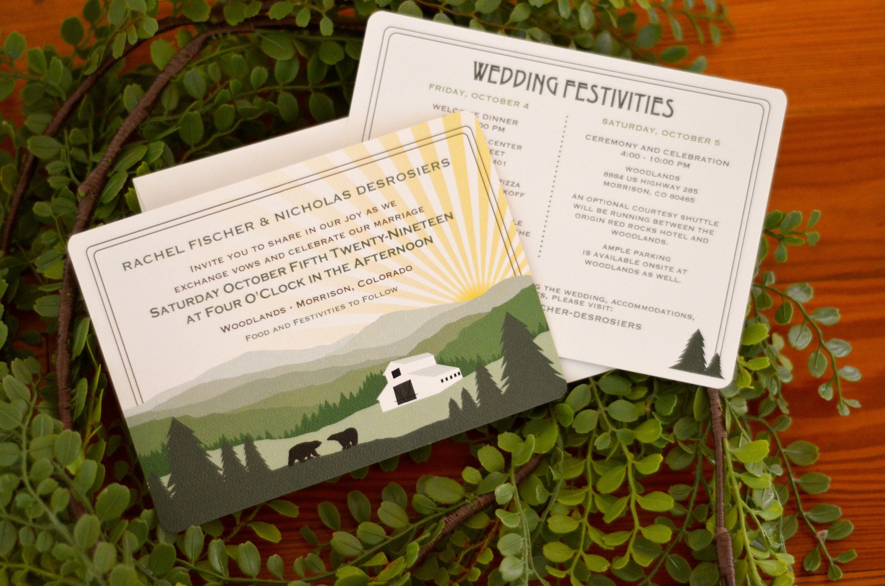 Appalachian Mountains Barn and Bear Landscape with Sunset Wedding Invitation // 5x7 2-sided Wedding Invitation with A7 Envelope