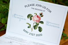 Vintage Floral Pink Rose with Blue Script Trifold Wedding Invitation with Postcard RSVP and Envelope