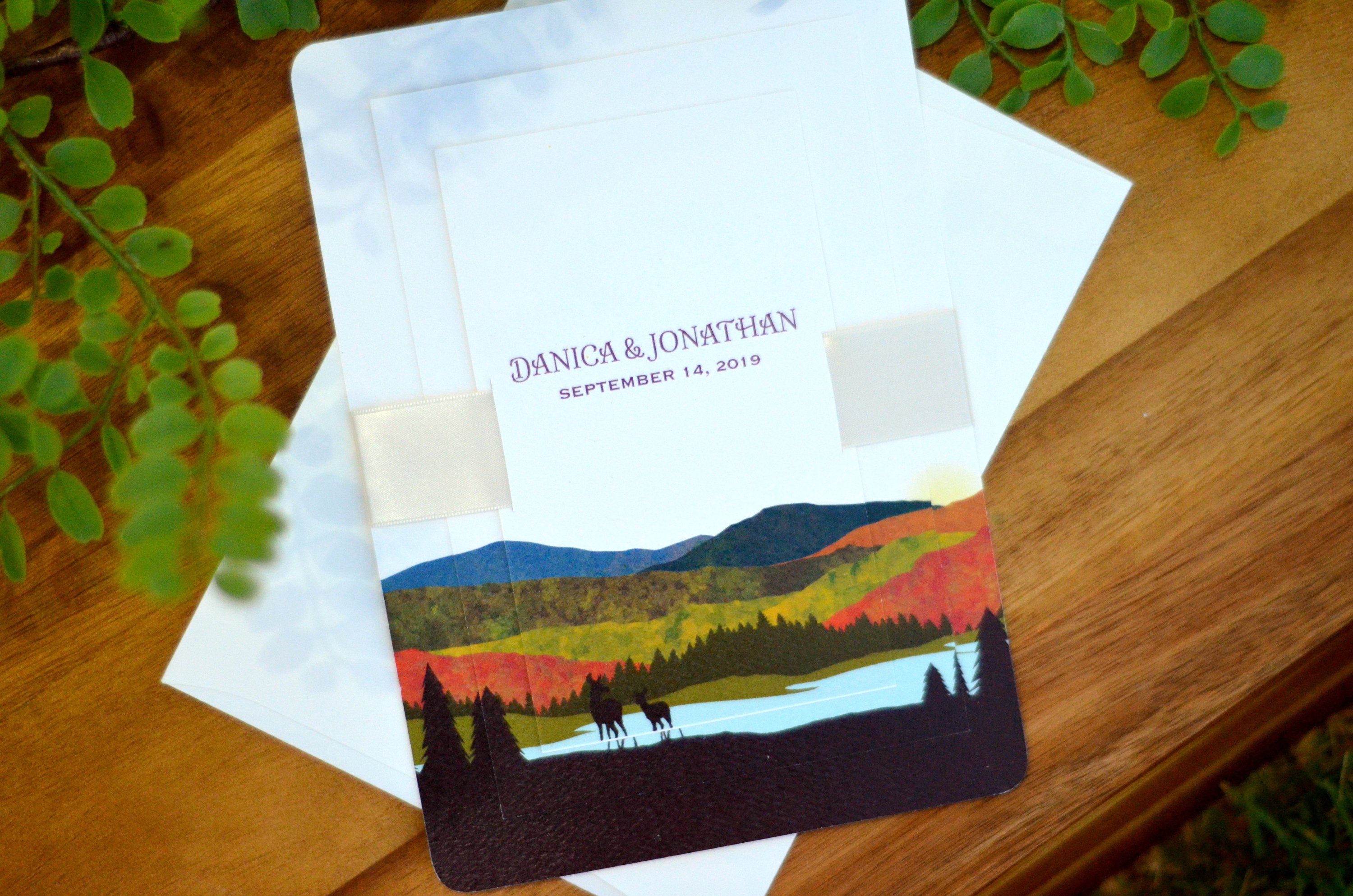 Fall Appalachian Mountains with Lake and Deer Landscape Layered Wedding Invitation w/ RSVP Postcard and Details Card