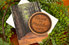 Forest Photograph Save the Date with Whiskey Barrel Cork Wedding Date // Photos On Front // Wedding Cork Coaster