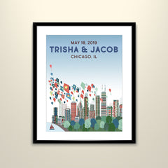 Chicago Skyline Kite Festival 11x14 Vintage Poster / Wedding Poster personalized with Names and date (frame not included)