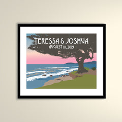 Oregon Coast at Sunset 14x11 Vintage Poster / Wedding Poster personalized with Names and date (frame not included)