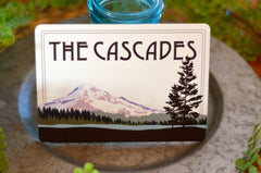 Wedding Sign The Cascades Snowcap Mountain River Valley Landscape, 5x7 FLAT Craftsman Table Number