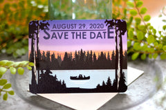 Lake Wedding Save the Date with Couple in Canoe at Dusk - Lake and Woods Save The Date Note Card