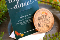 Love is Brewing with Hunter Green Rehearsal Invitation and Fall Leaves Cork Coaster Save the Date with A7 Envelope