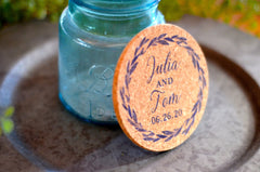 Blue Wreath Cork Coaster Wedding Favor Greenery Personalized with Names and Wedding Date // Wedding Reception Cork Coaster Favor