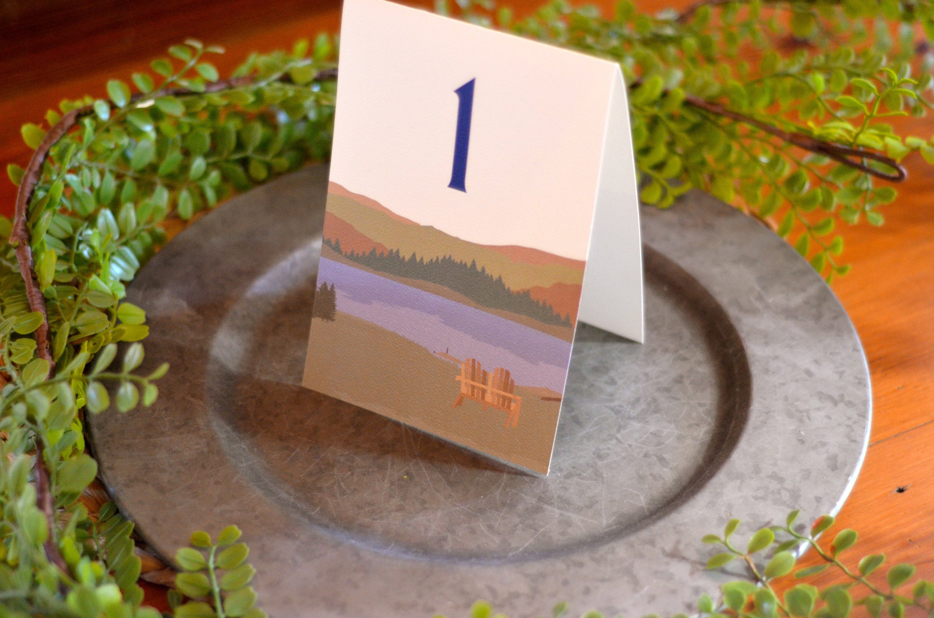 Hand Drawn Lakefront Landscape 5X7 Tented Wedding Celebration Table Number