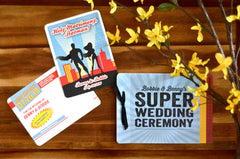 Superhero Comic Book Themed Wedding Invitation 3pg Booklet // Navy Gold and Teal Superhero Wedding Invite