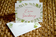 Romantic Modern Bohemian Greenery Wreath with Pink Script Trifold, Photograph Wedding Invitation, Postcard RSVP