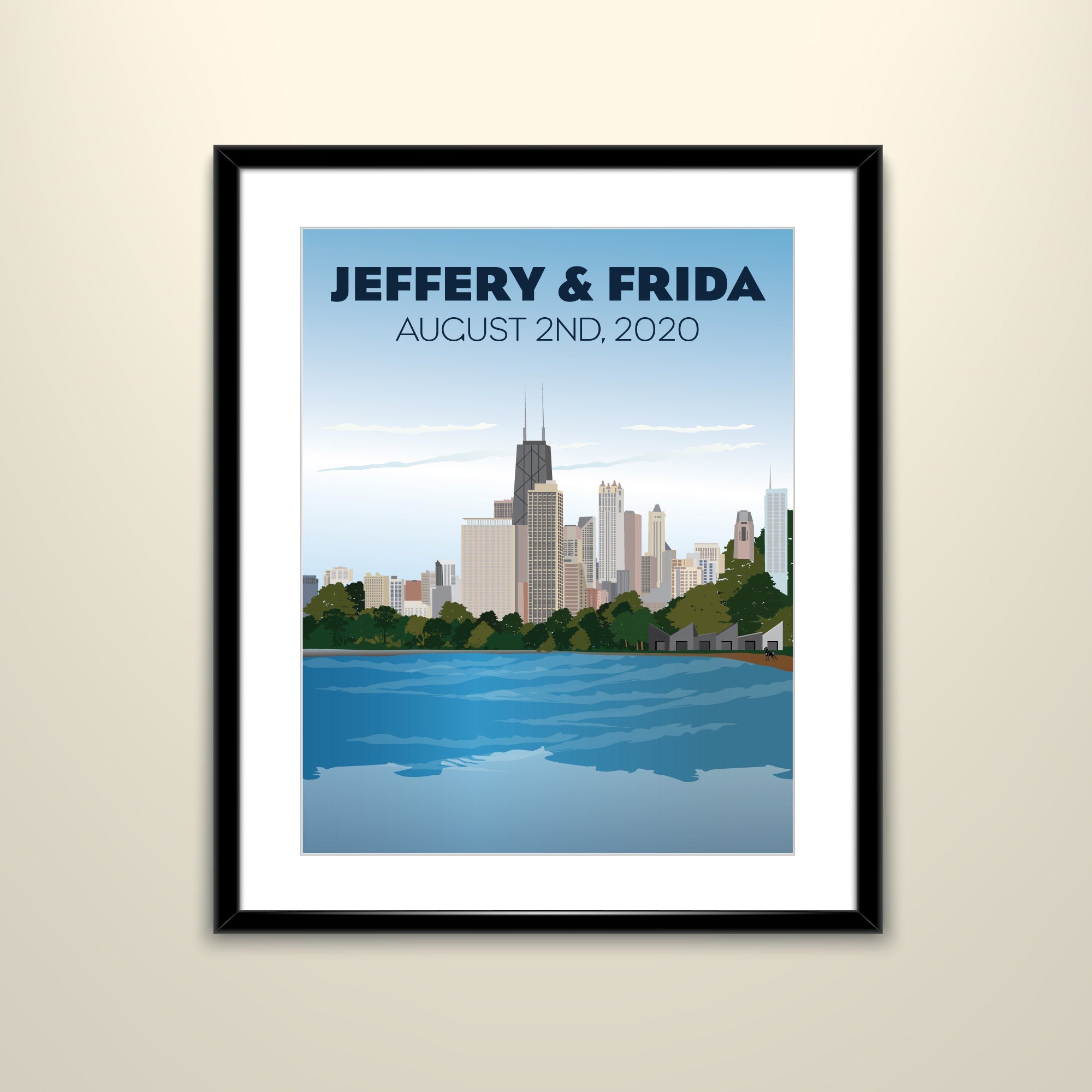Chicago City Skyline with Lake Michigan Poster - Travel 11x14 Poster - Personalized Wedding Poster (Frame not Included)