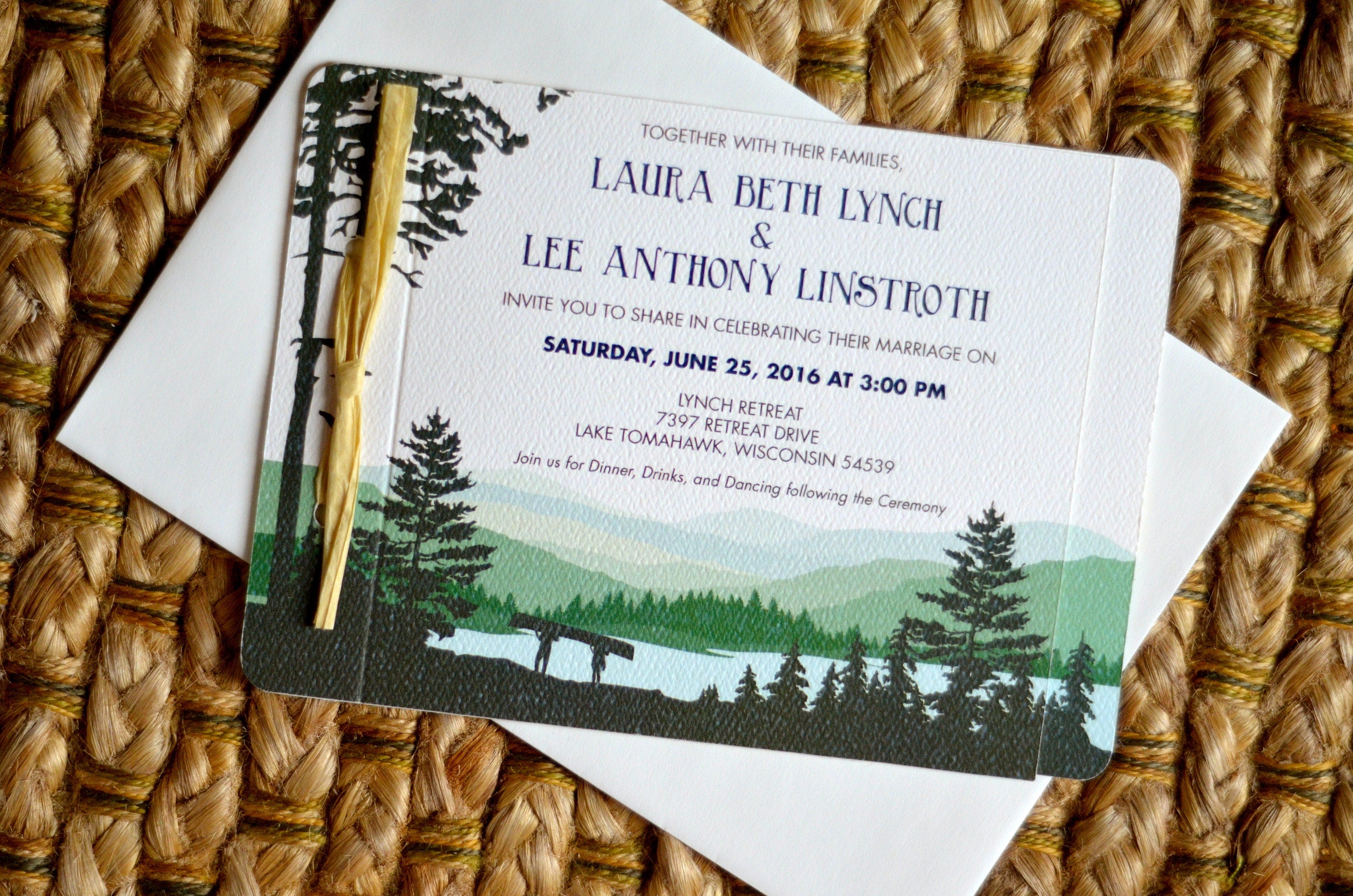 Catskill Mountains 2pg Livret Booklet Wedding Invitation with A7 Envelopes - New York Appalachian Invitation - Green Rolling Hills