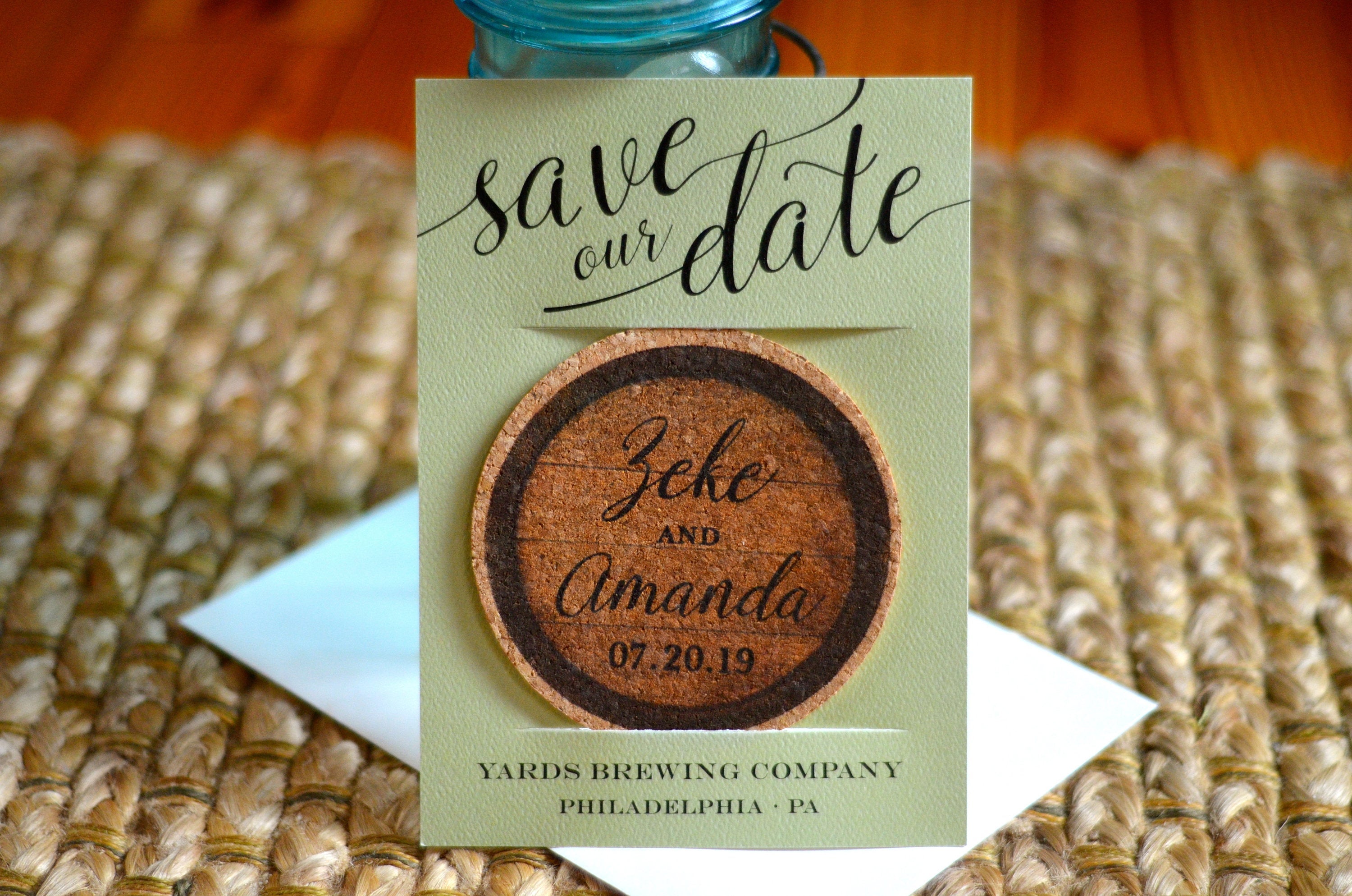 Mint Green Save the Date Cork Coaster // Whiskey Wedding Cork Coaster Save the Date