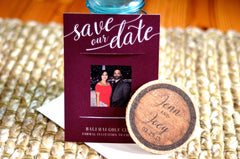 Burgundy and Cream Save the Date Cork Coaster Save the Date with Engagement Photo // Engagement Photo Wedding Cork Coaster