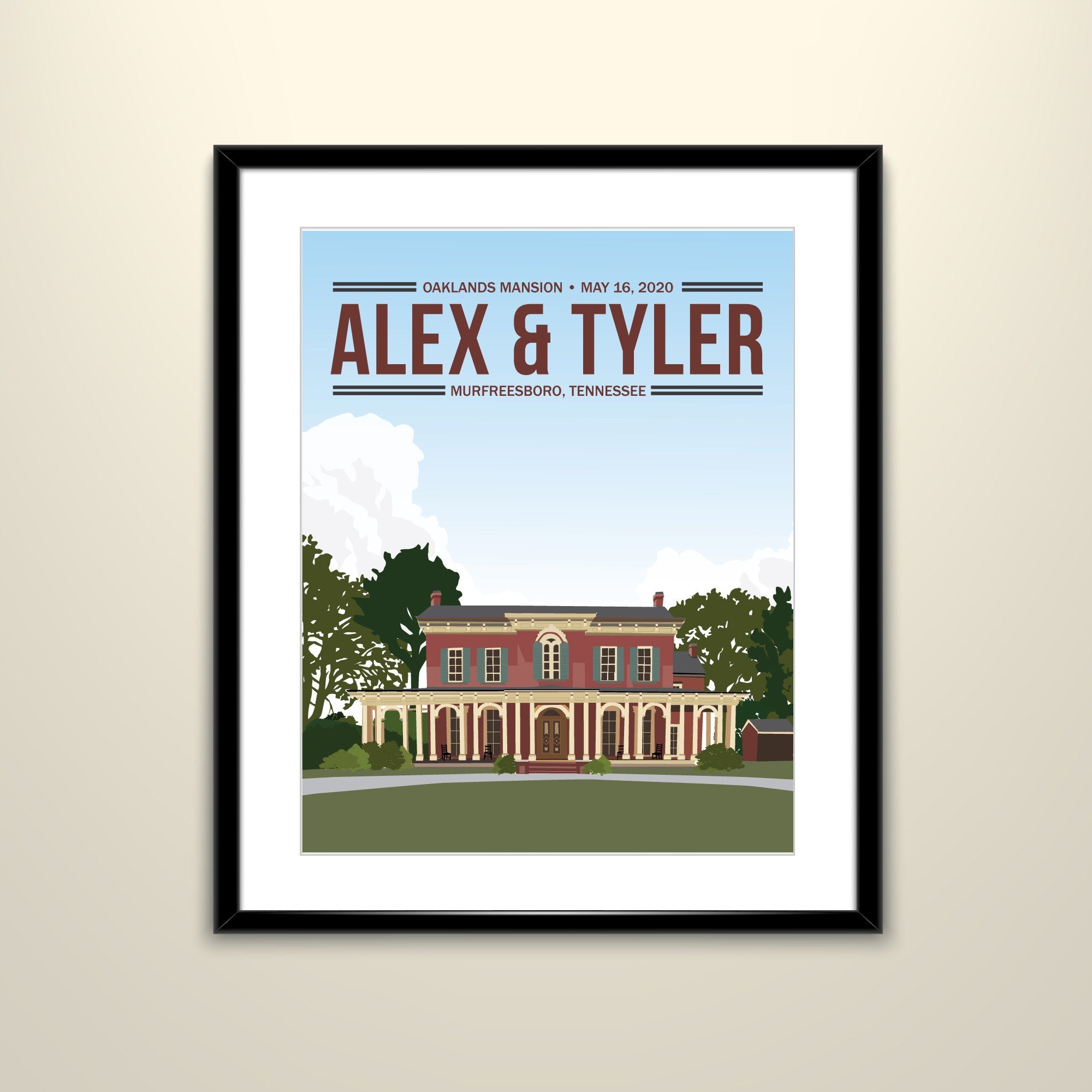 Oaklands Mansion Travel 11x14 Paper Poster - Wedding Poster personalized with Names and date (frame not included)