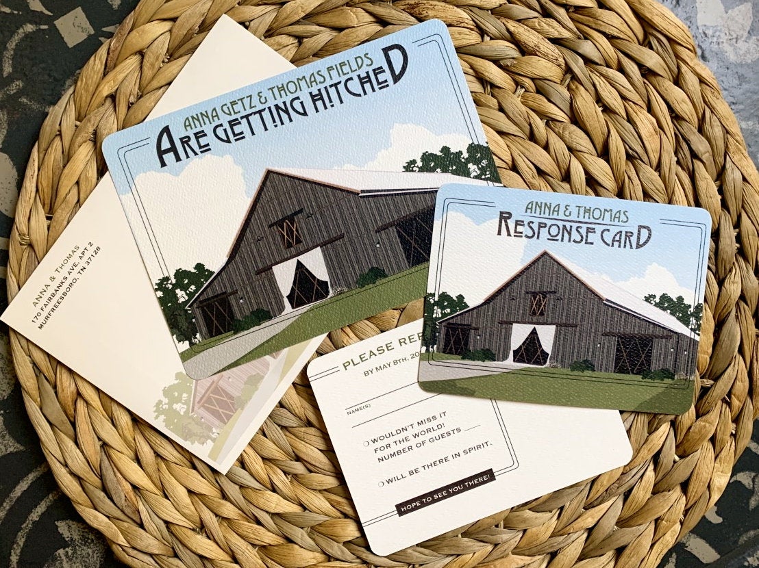 Rustic Barn in Saddlewood Farms Murfreesboro Tennessee Wedding Invitation 5x7 with A7 envelopes & RSVP Postcard
