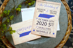 Rustic Nashville Tennessee Blue and Red Heart State Wedding Invitation 5x7 with A7 envelopes & RSVP Postcard with Custom Envelope