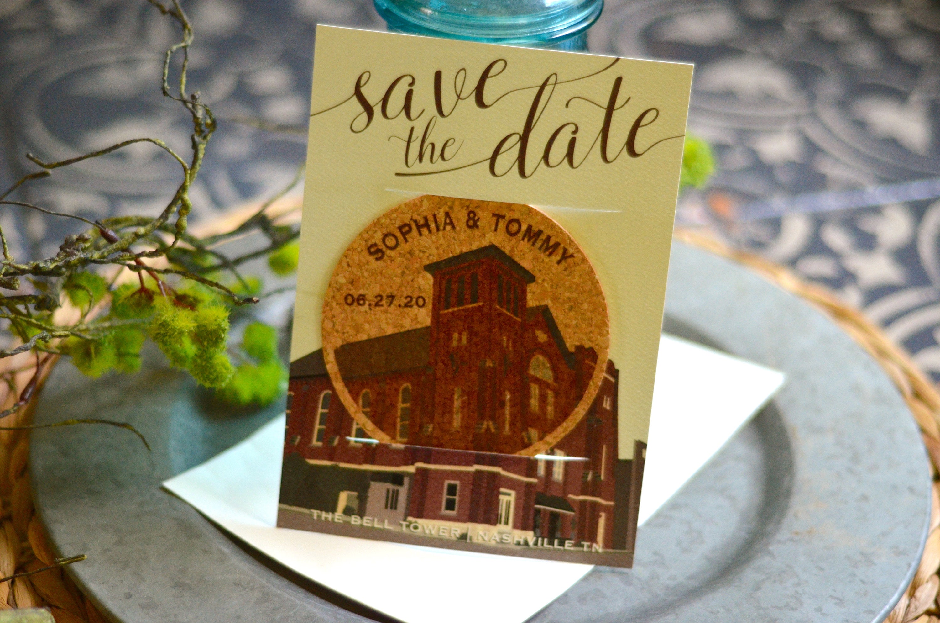 Vintage Bell Tower in Nashville Tennessee Save the Date /Illustrated Bell Tower Cork Coaster Save the Date / Save the Evening Cork Coaster