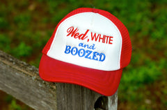 Wed, White and Boozed // Bachelorette Party Bride Trucker Mesh Unstructured Hat // Red, White and Blue