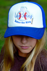 Last Swing Before the Ring // Bachelorette Party Bride Trucker Mesh Unstructured Hat // Red, White and Blue Baseball