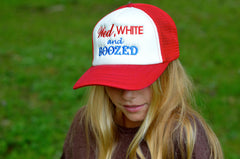 Wed, White and Boozed // Bachelorette Party Bride Trucker Mesh Unstructured Hat // Red, White and Blue