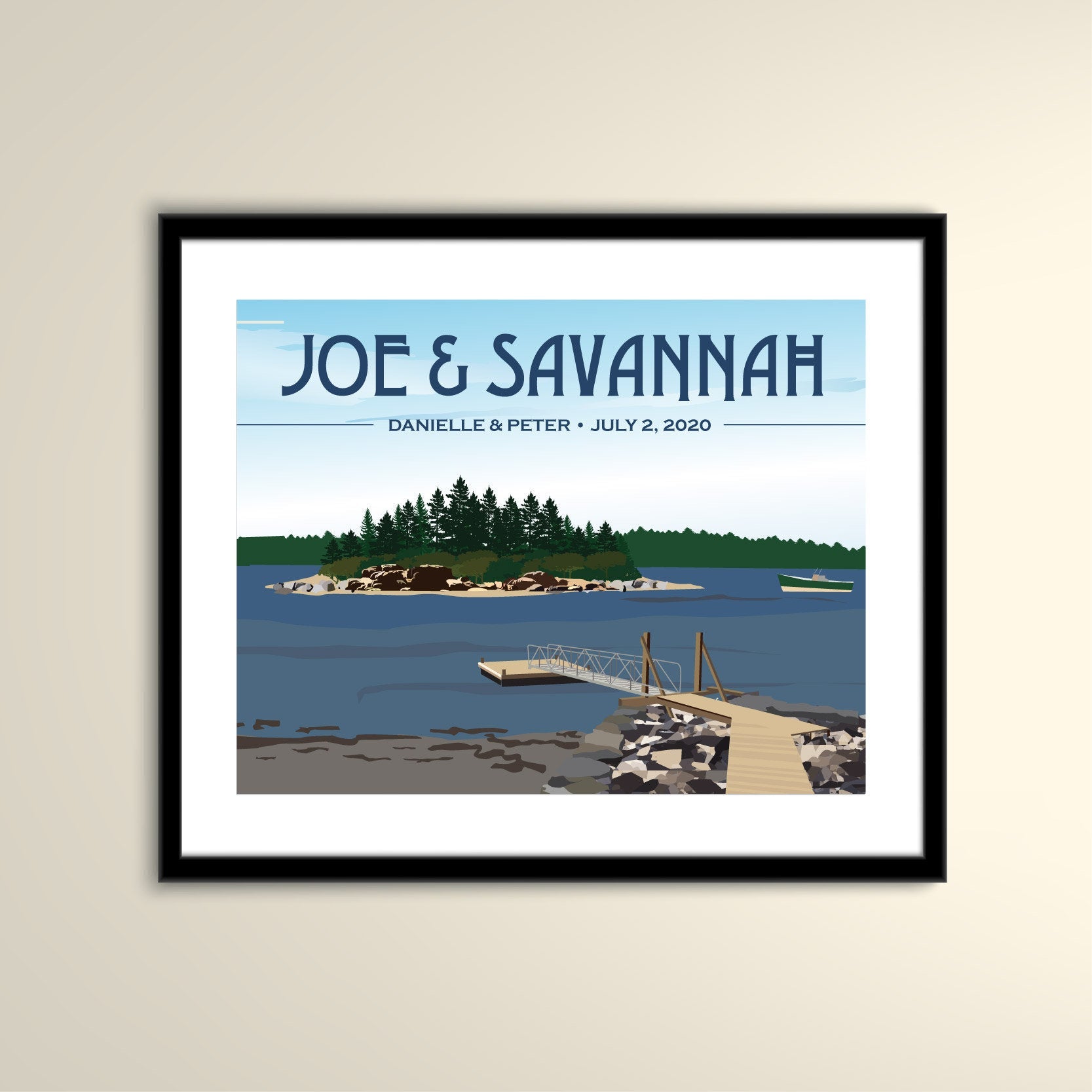 Maine Coast with Pier 11x14 Paper Travel Poster - Wedding Poster personalized with Names and date (frame not included)