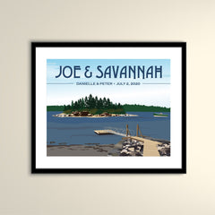 Maine Coast with Pier 11x14 Paper Travel Poster - Wedding Poster personalized with Names and date (frame not included)
