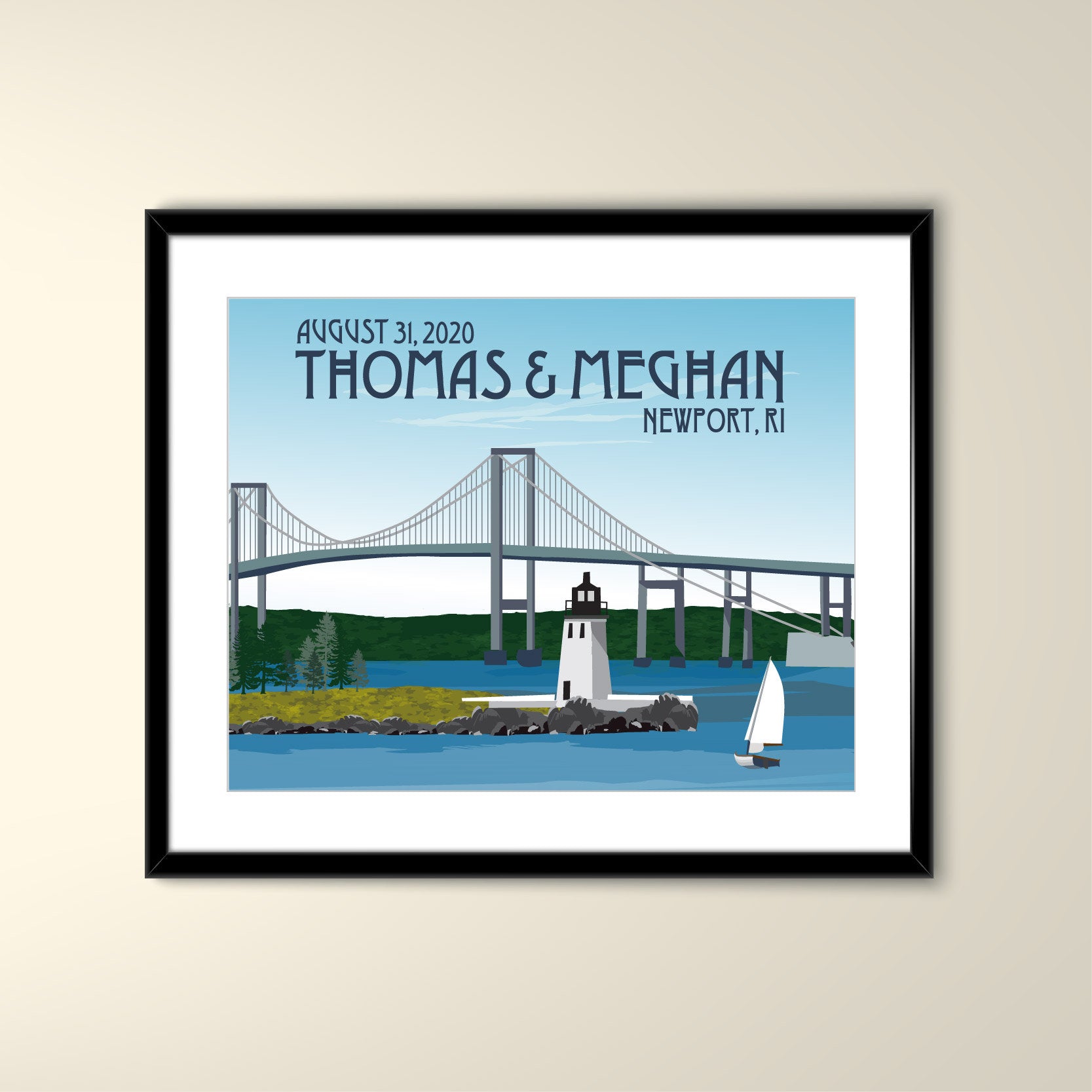 Newport Goat Island Rhode Island 11x14 Paper Travel Poster - Wedding Poster personalized with Names and date (frame not included)