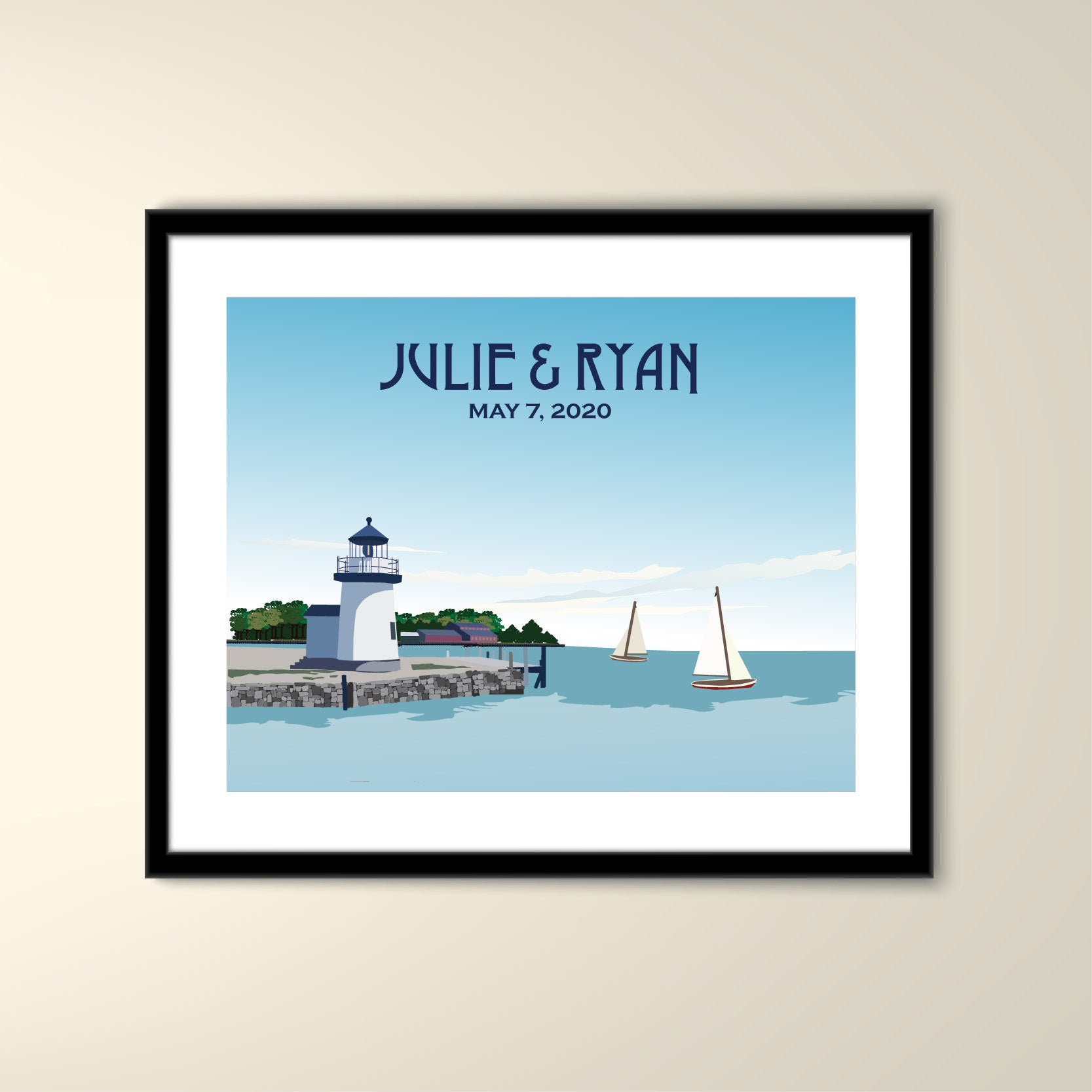 Mystic Lighthouse Travel 11x14 Paper Poster - Connecticut Wedding Poster personalized with Names and date (frame not included)