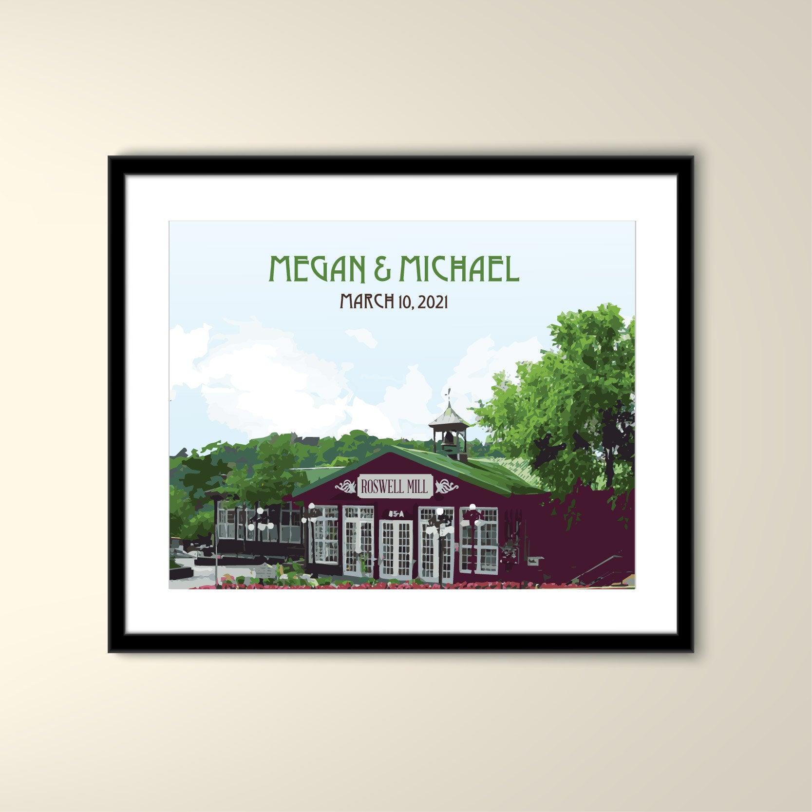 Ivy Hall at the Roswell Mill Georgia Travel 11x14 Paper Poster - Wedding Poster personalized with Names and date (frame not included)
