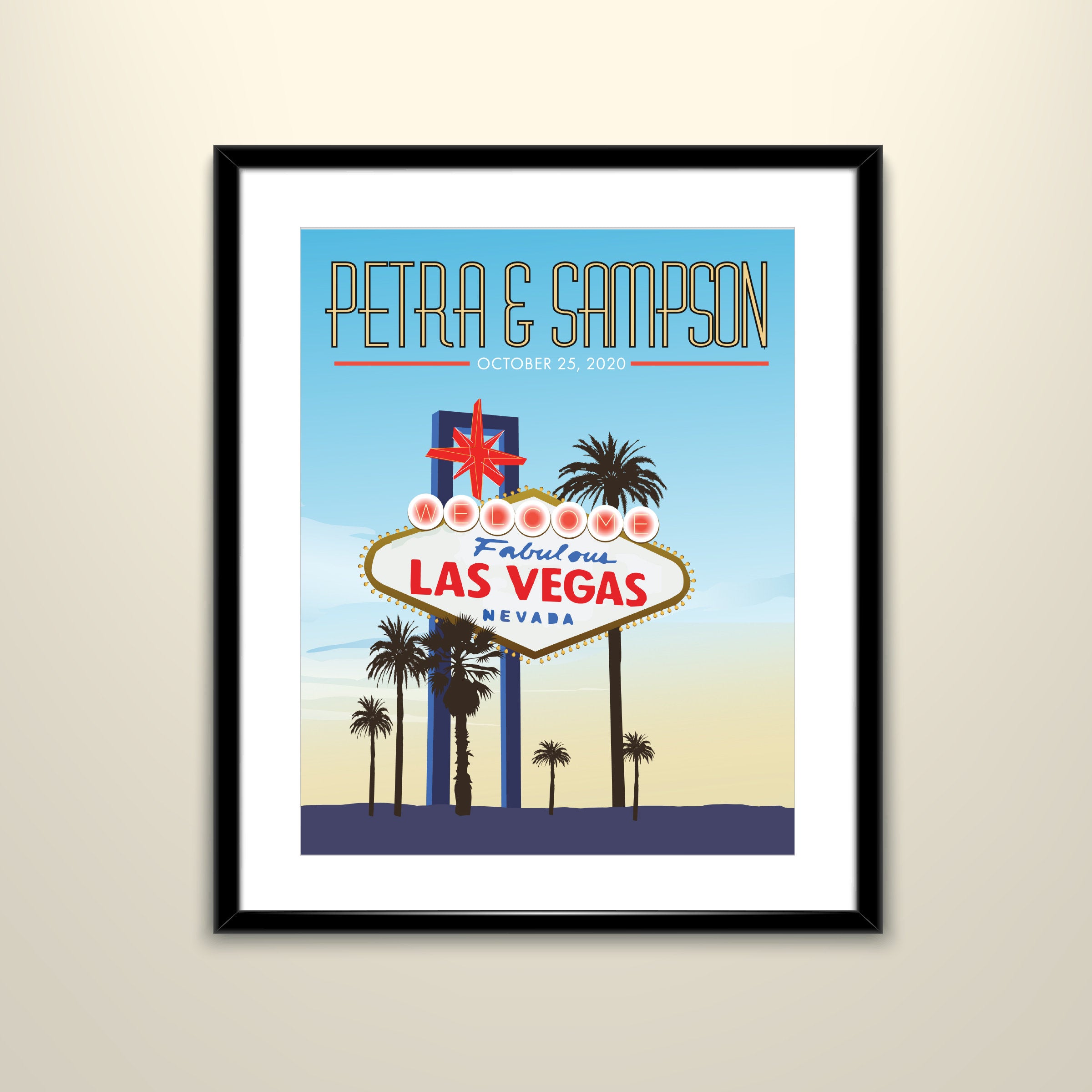 Las Vegas Famous Sign Travel 11x14 Paper Poster - Wedding Poster personalized with Names and date (frame not included)