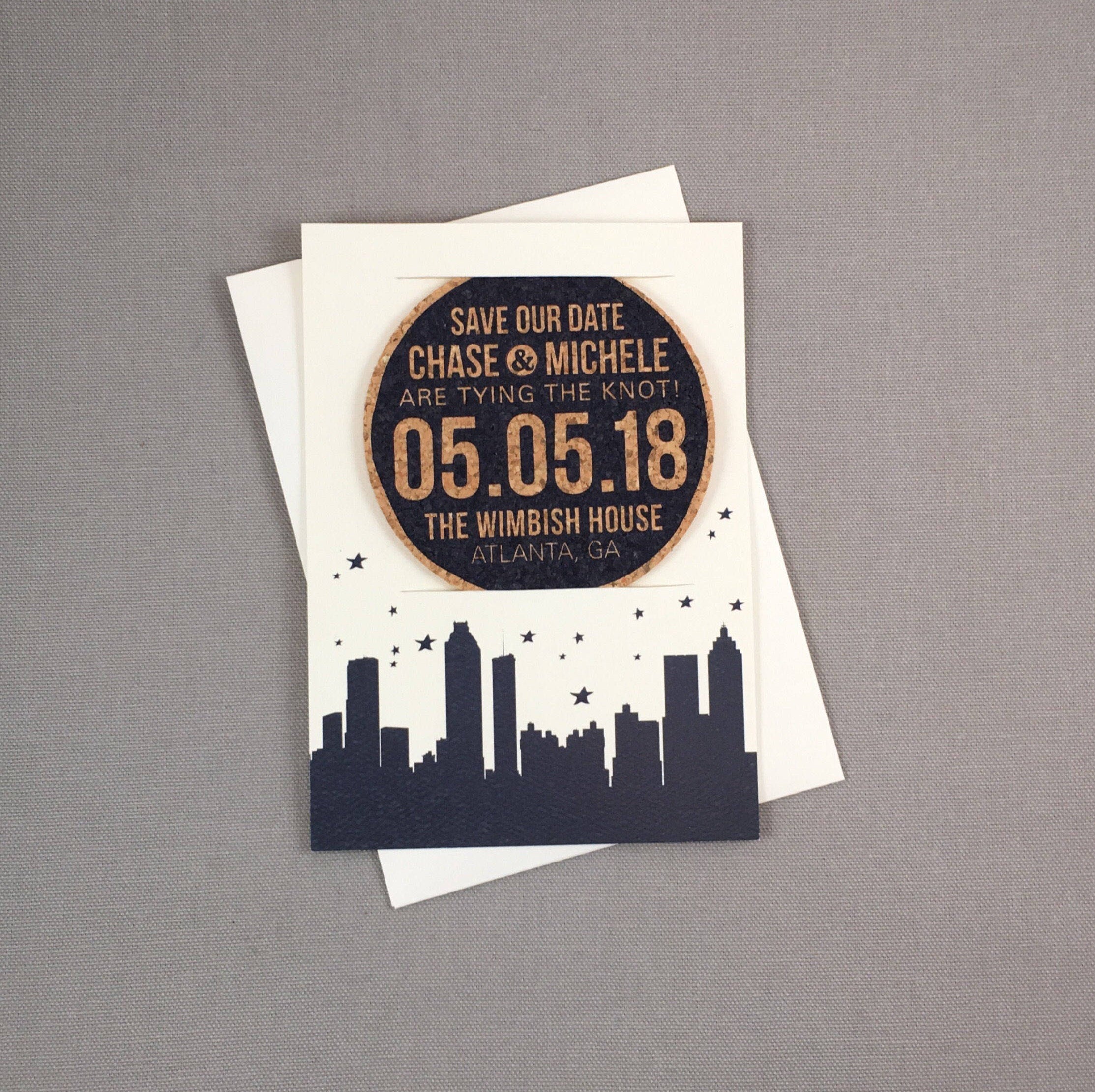 Navy Save the Date,  Atlanta Georgia Skyline with Photo Cork Coaster Save the Date includes A7 Blank Envelopes