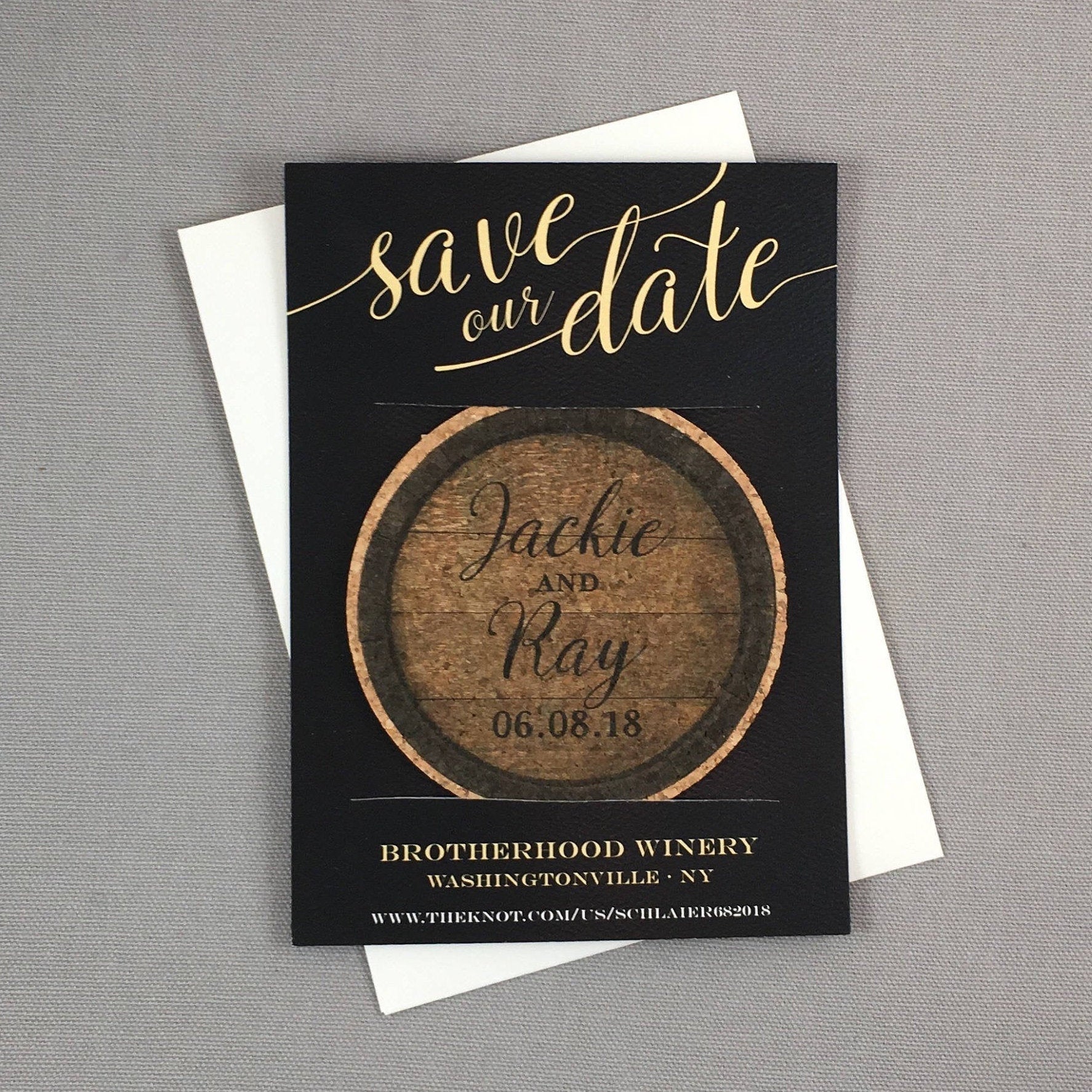 Vintage Wine Barrel Cork Coaster Save the Date with Photo and A7 Envelopes // Elegant Black and Gold Save the Date
