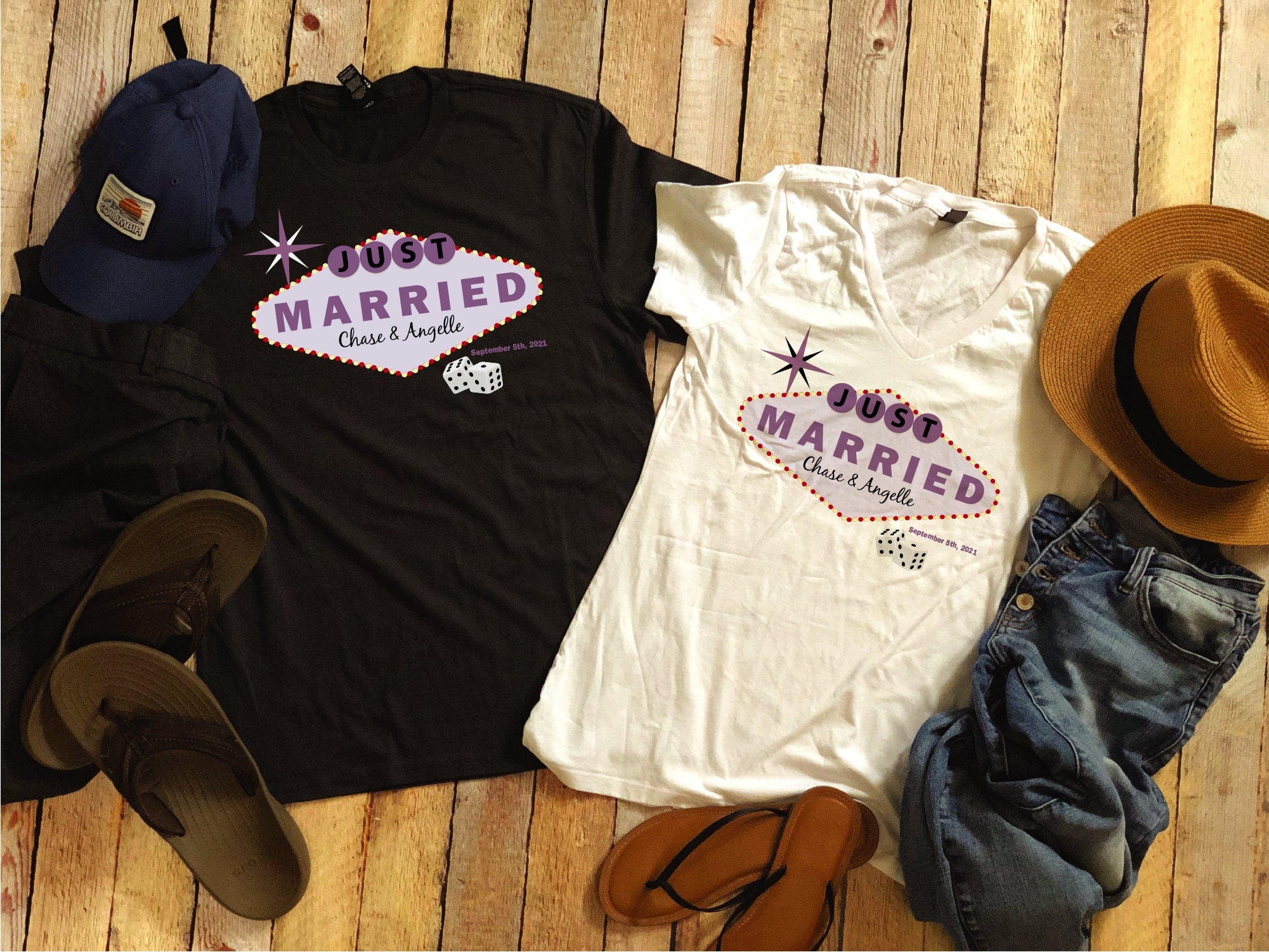 Vegas Inspired Just Married Shirts - with names and date - two shirt set