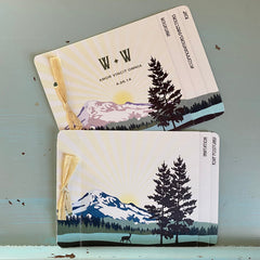 Mt. Hood Oregon Mountain Purple Landscape // 3pg Unique Rustic Livret Wedding Invitation Booklet Style with Postcard RSVP