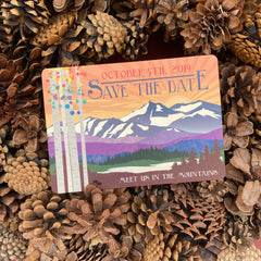 Colorado mountains colorful leaves Save the Date postcard