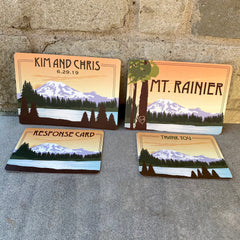 Mount Rainier National Park Washington Mountain with Deer and Sunset 2pg Livret Booklet Wedding Invitation with Envelope
