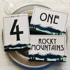 Rocky Mountain Snowcap Mountain Wedding sign with Lake Landscape, 5x7 FLAT Craftsman Table Number