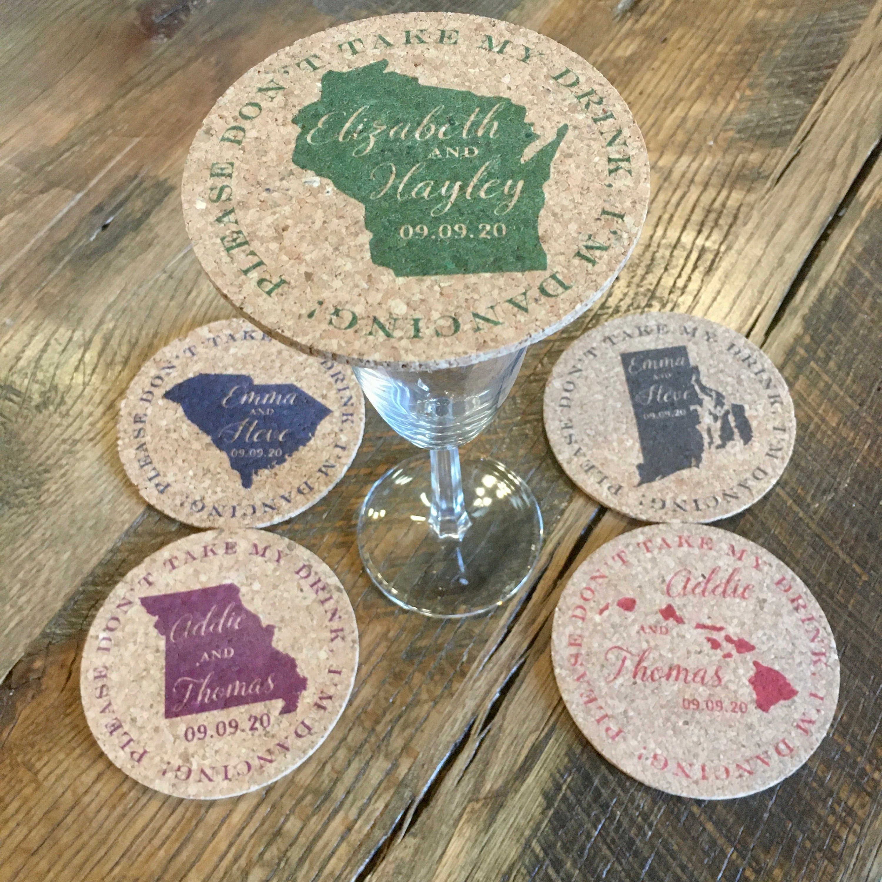 Don&#39;t Take My Drink State Cork Coaster Wedding Favors Personalized with Names and Wedding Date // Cork Coaster Wedding Favors for Guests